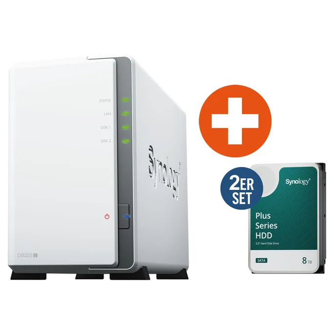Synology DS223j NAS System 2-Bay 16 TB inkl. 2x 8 TB Synology HDD HAT3320-8T
